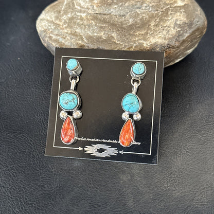 Blue Turquoise Red Spiny MultiColor Navajo Sterling Silver Inlay Earrings 18354