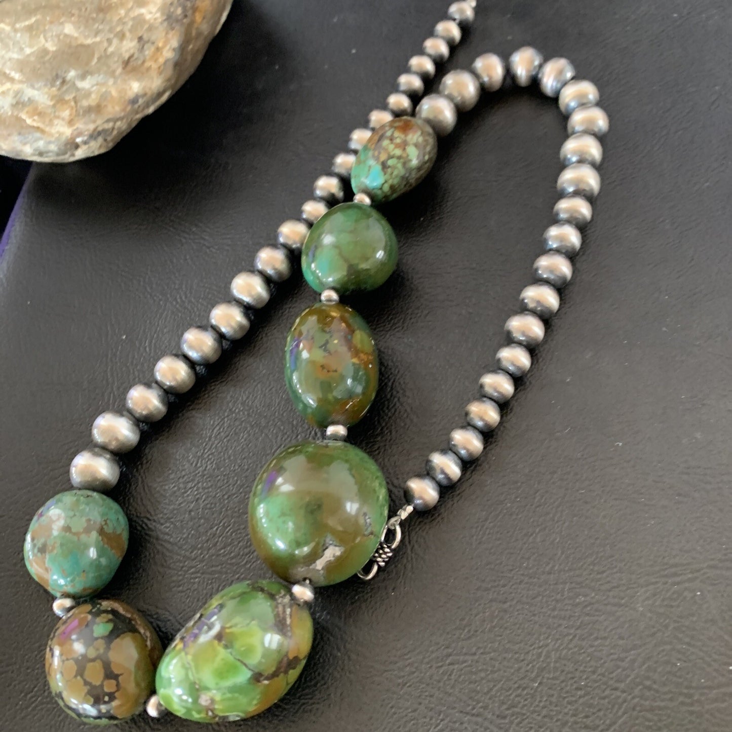 Chunky Navajo Spider Web Green Turquoise Sterling Silver Necklace 20" 11762