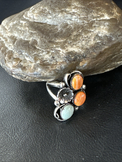 Multicolor Ring Turquoise Spiny Navajo Sterling Silver Cluster Size 8.5 19188