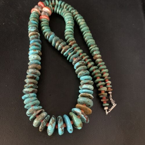 Navajo Graduated Blue Green Turquoise Spiny Necklace Sterling 33" 13569