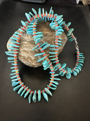 Blue Turquoise Red Spiny Oyster Navajo Pearls Necklace 21" | Sterling Silver | Authentic Native American Handmade | 19318