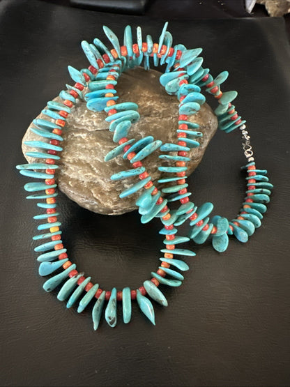 Blue Turquoise Red Spiny Oyster Navajo Pearls Sterling Silver Necklace 21" 19318