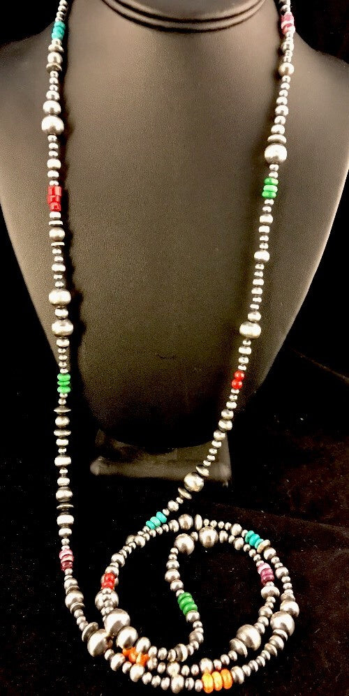 Turquoise Coral Spiny Oyster Sterling Silver Beads Bead Necklace 92818