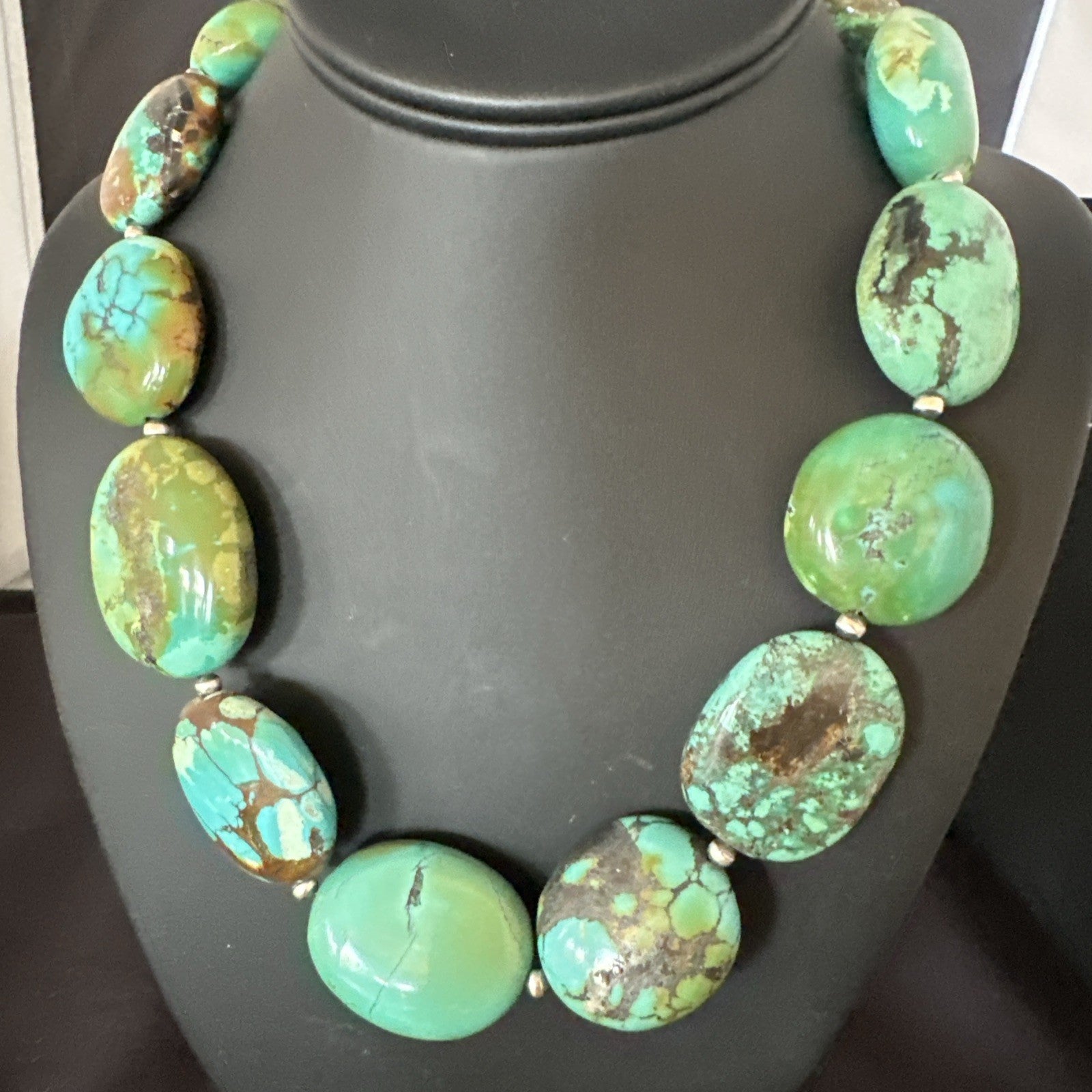 Blue Green Turquoise Nugget Chunky Navajo Sterling Silver Necklace 20” 19250
