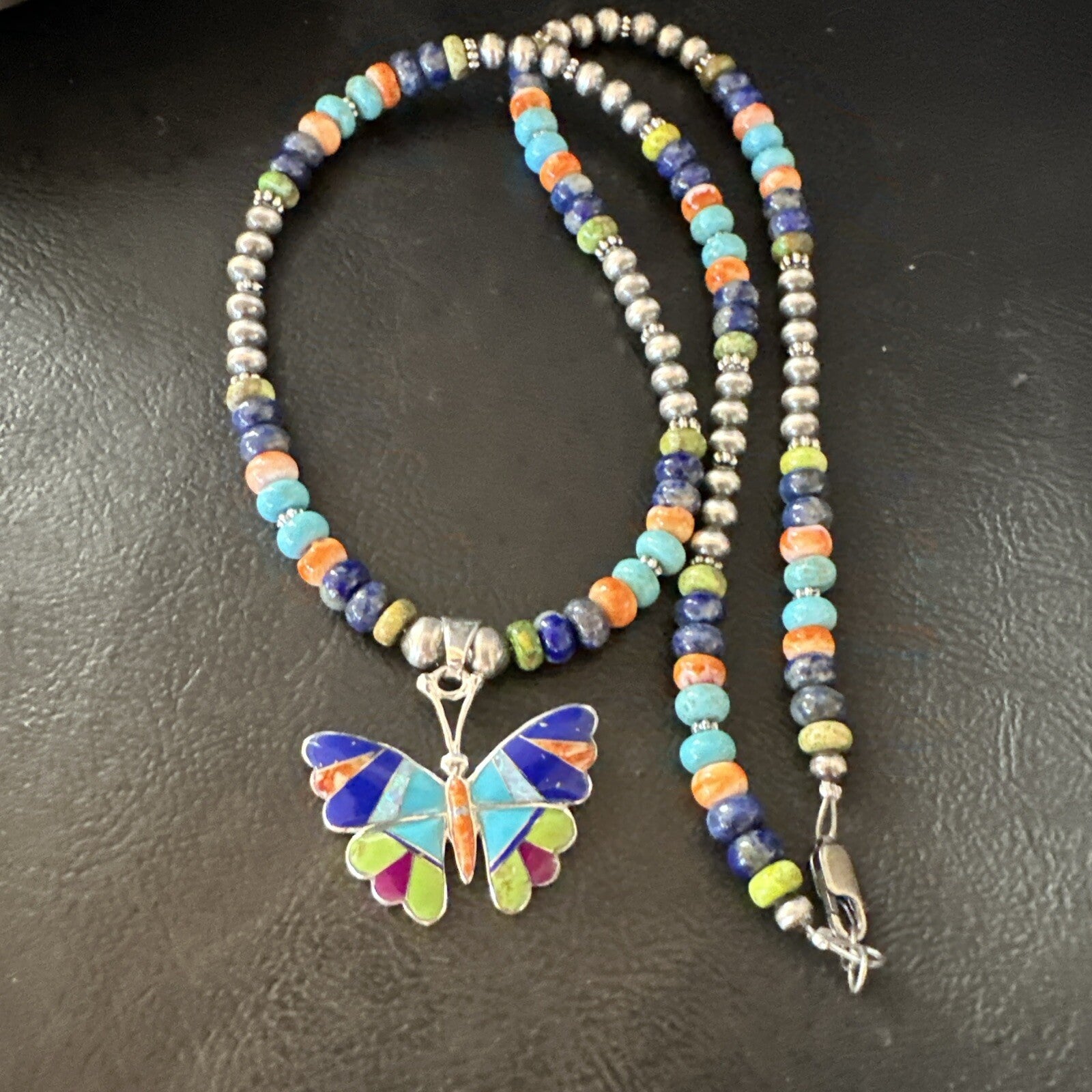 Butterfly Multicolor Turquoise Pendant Navajo Sterling Silver Necklace 18729