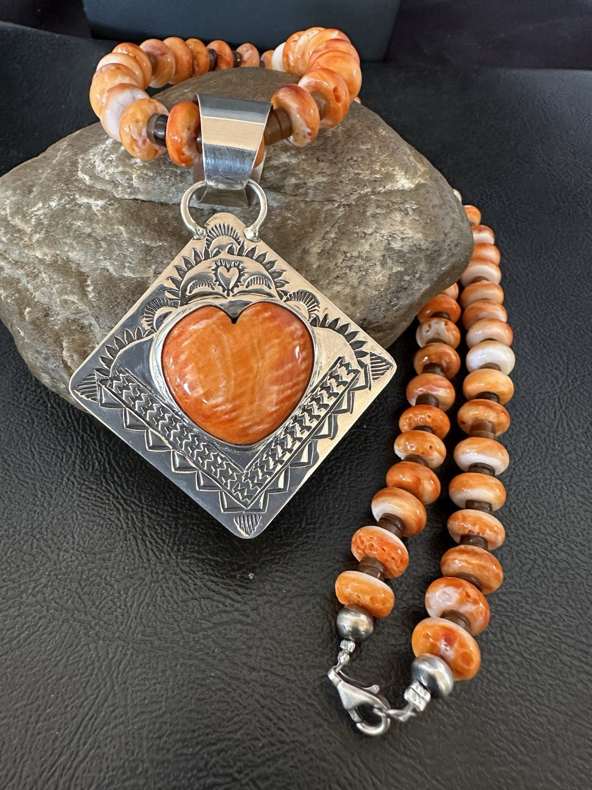 H Joe Orange Spiny Oyster Heart Pendant Navajo Sterling Silver Necklace 19480