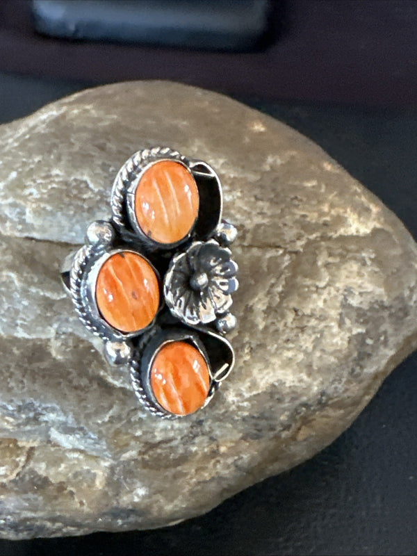 Orange Spiny Oyster Cluster Navajo Ring Size 9.5 | Sterling Silver | Authentic Native American Handmade | 19184