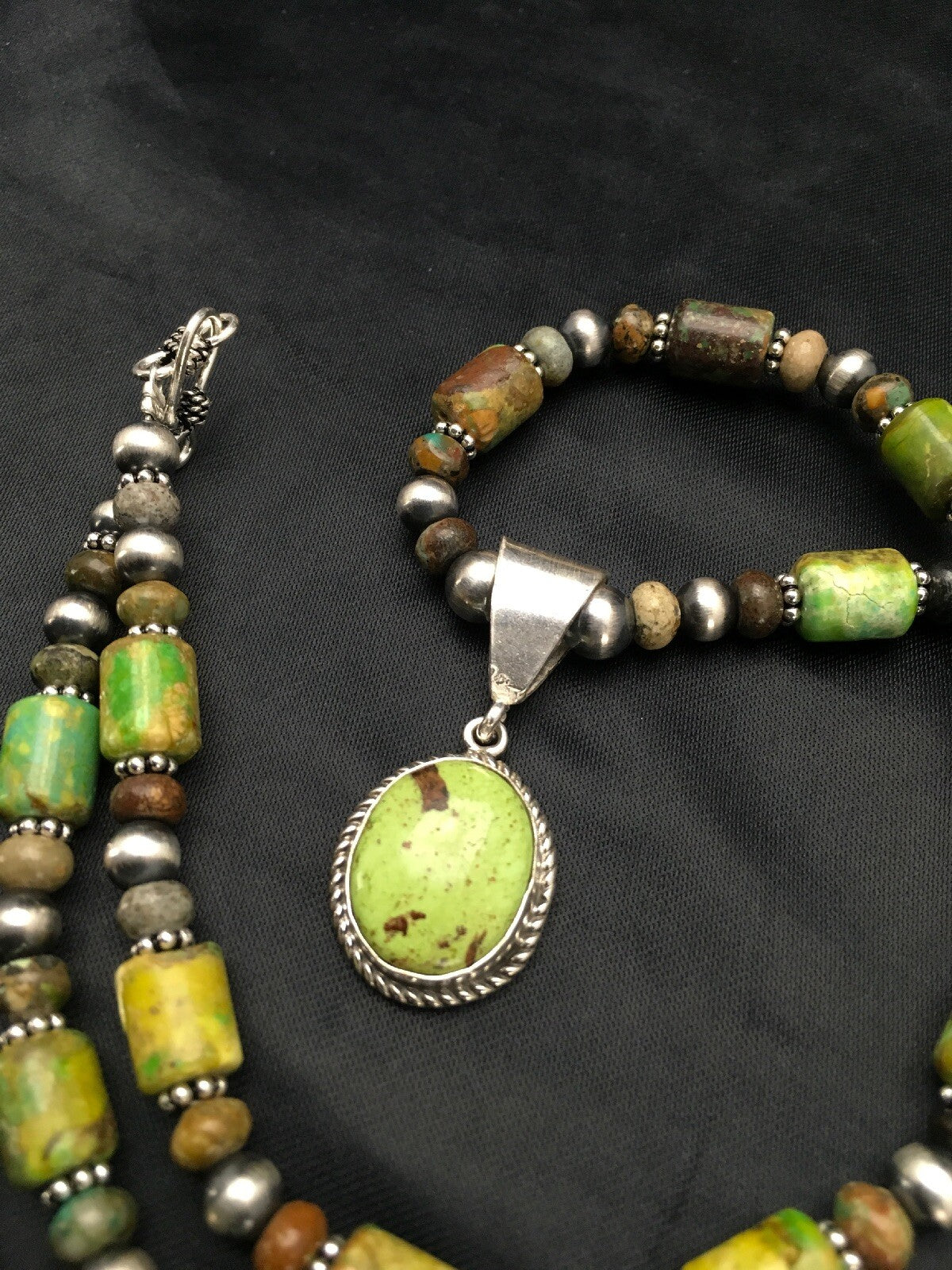 Green Gaspeite Pendant Turquoise Navajo Sterling Silver Necklace 22" 2818