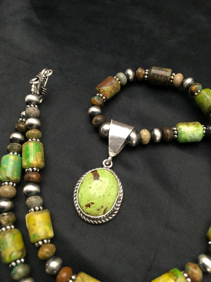Green Gaspeite Pendant Turquoise Navajo Sterling Silver Necklace 22" 2818