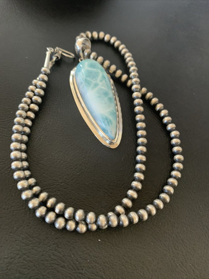 Womens Blue Larimar Pendant Navajo Sterling Silver Beads Necklace 01766