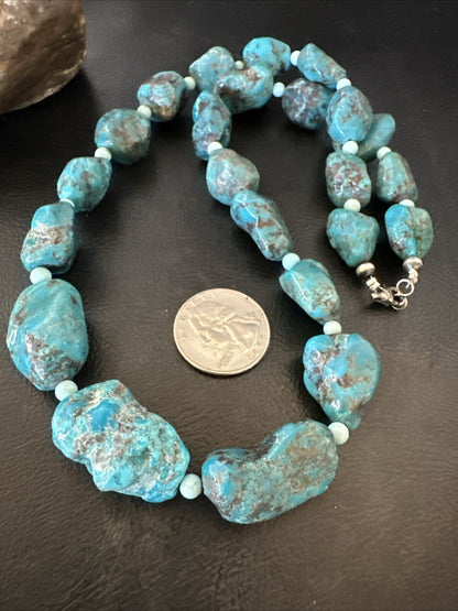 Blue Turquoise Chunky Nugget Navajo Sterling Silver Necklace 22” 18303