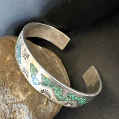 Navajo Old Pawn Sterling Handmade Blue Turquoise Chip Inlay Bracelet 18122