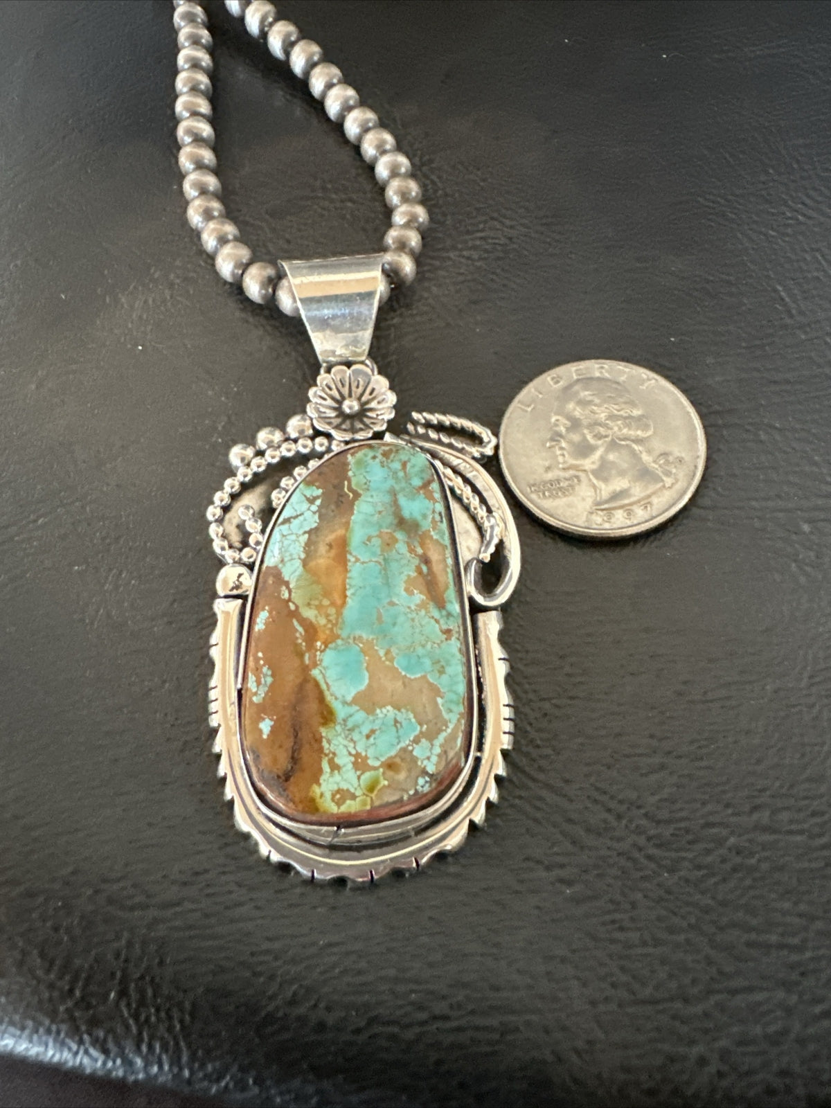 Mens Women Navajo Sterling Silver Green Royston Turquoise Necklace Pendant 18158