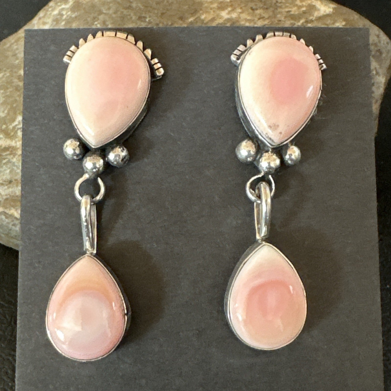 Yazzie Pink Queen Conch Navajo Sterling Silver Post Dangle Earrings 19796