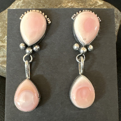 Yazzie Pink Queen Conch Navajo Sterling Silver Post Dangle Earrings 19796