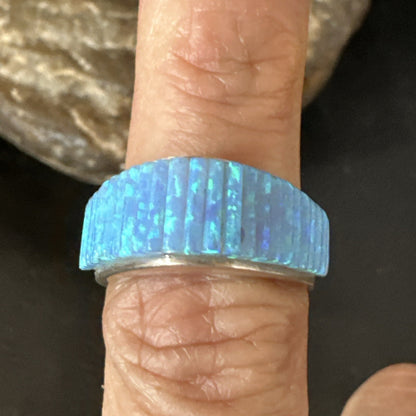 Blue Opal Navajo Sterling Silver Band Inlay Ring Size7 18799