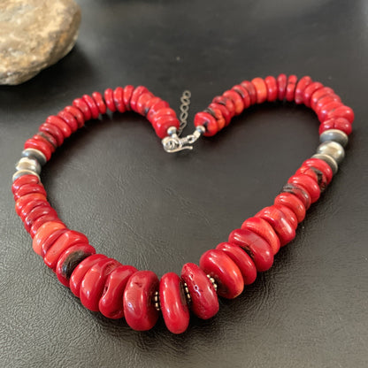Native Navajo Graduated Red Coral Sterling Silver Bead 18" Necklace 11559