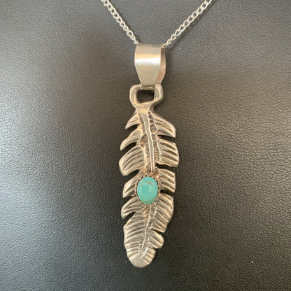 Womens Navajo Blue Turquois Sterling 16" Necklace Feather Pendant 13686