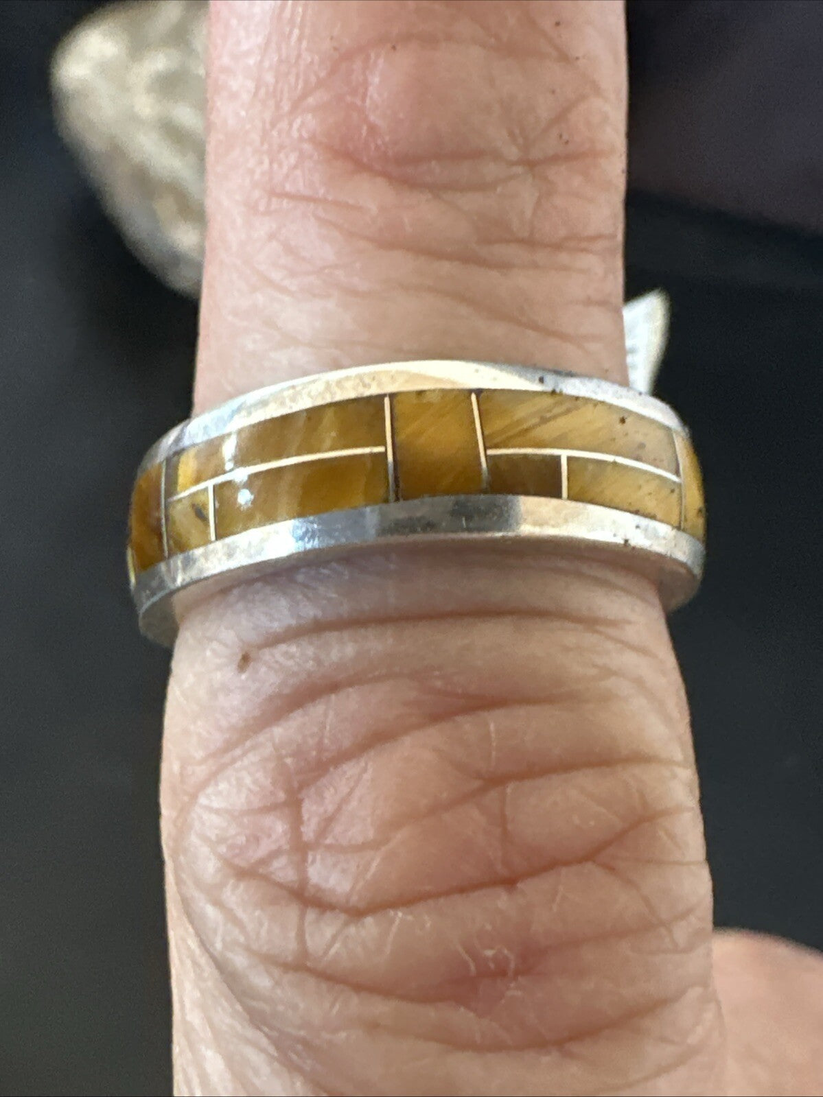 Women Coffee Tigers Eye Navajo Sterling Silver Inlay Ring Size 6.5 18703
