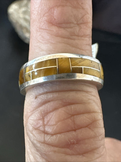 Women Coffee Tigers Eye Navajo Sterling Silver Inlay Ring Size 6.5 18703