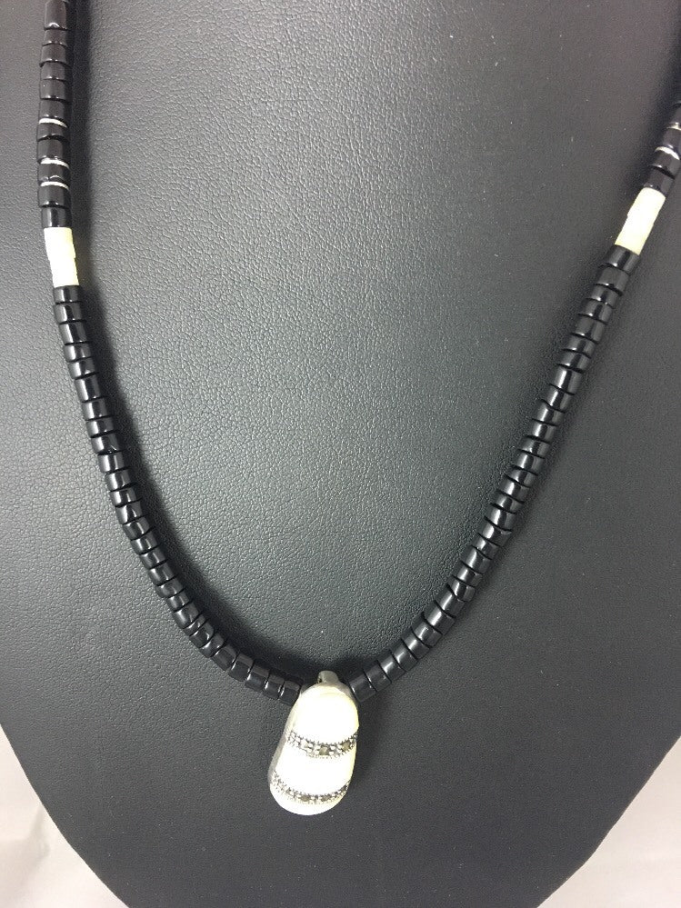 Mother of Pearl Pendant Onyx Heishi Navajo Sterling Silver Bead Necklace 18"