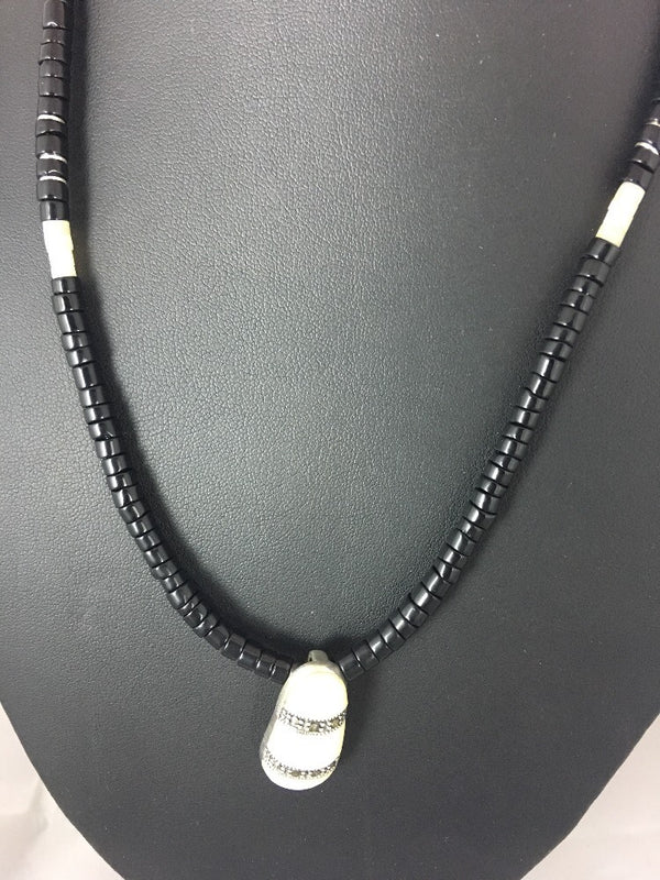 Mother of Pearl Pendant Onyx Heishi Navajo Bead Necklace 18" | Sterling Silver | Authentic Native American Handmade