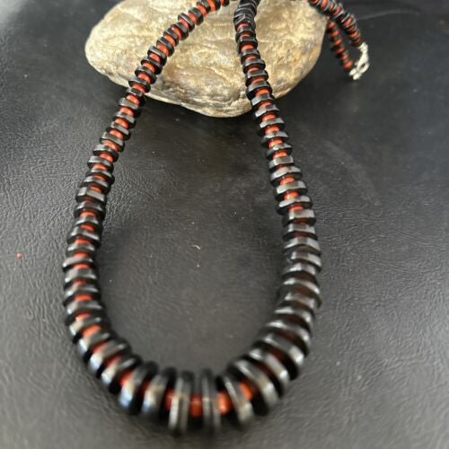 Navajo Bamboo Coral Black Onyx Necklace Sterling Silver 20" 14432