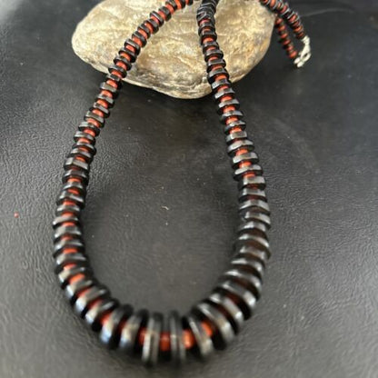 Navajo Bamboo Coral Black Onyx Necklace Sterling Silver 20" 14432