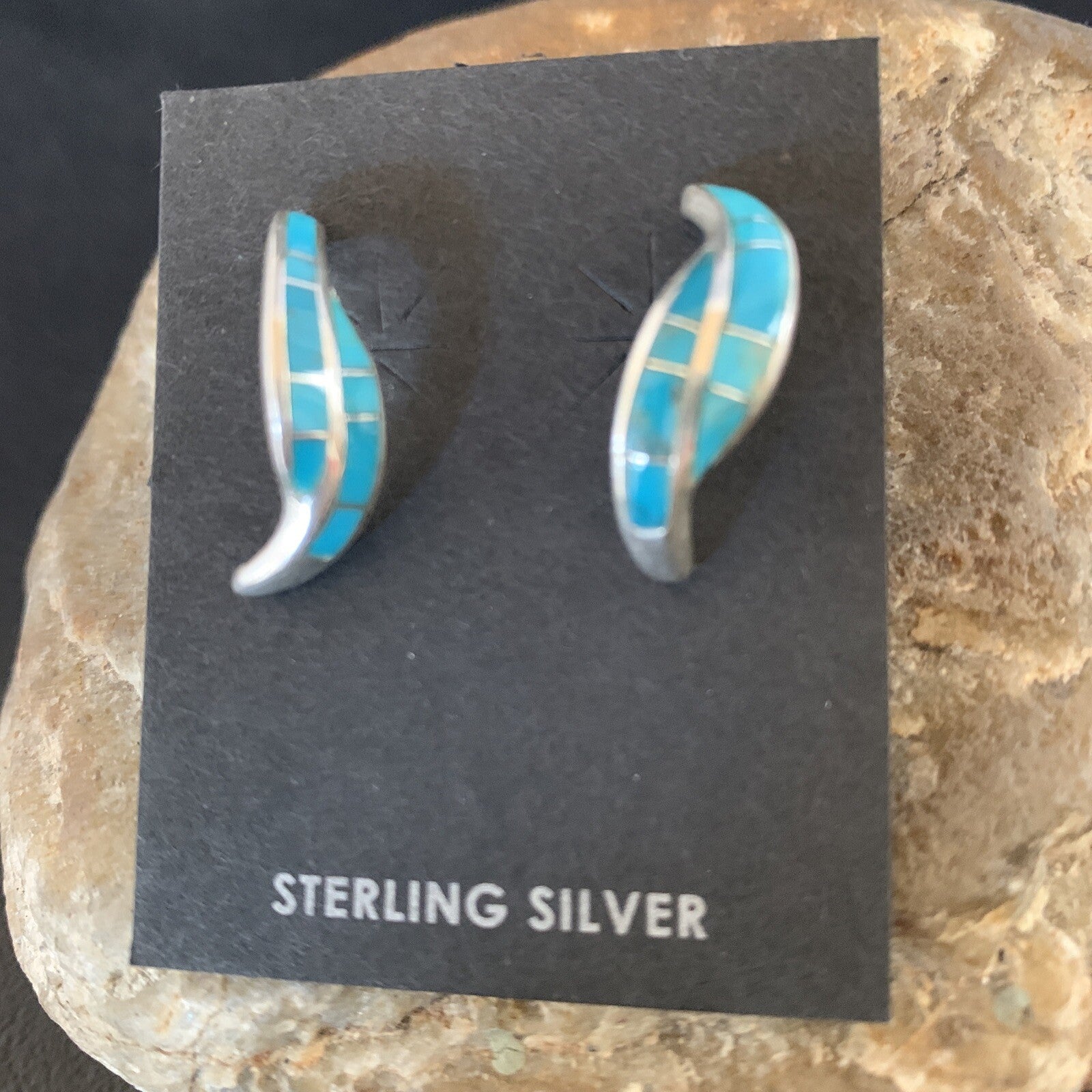 Blue Turquoise Southwestern Zuni Sterling Silver Inlay Hoop Earrings 0.75" 13022