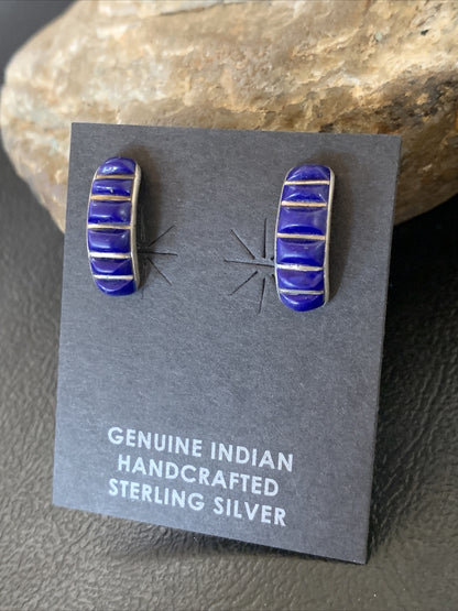 Blue Lapis Sterling Silver Multi-Stone Post Stud Inlay Earrings 0.5" 12708