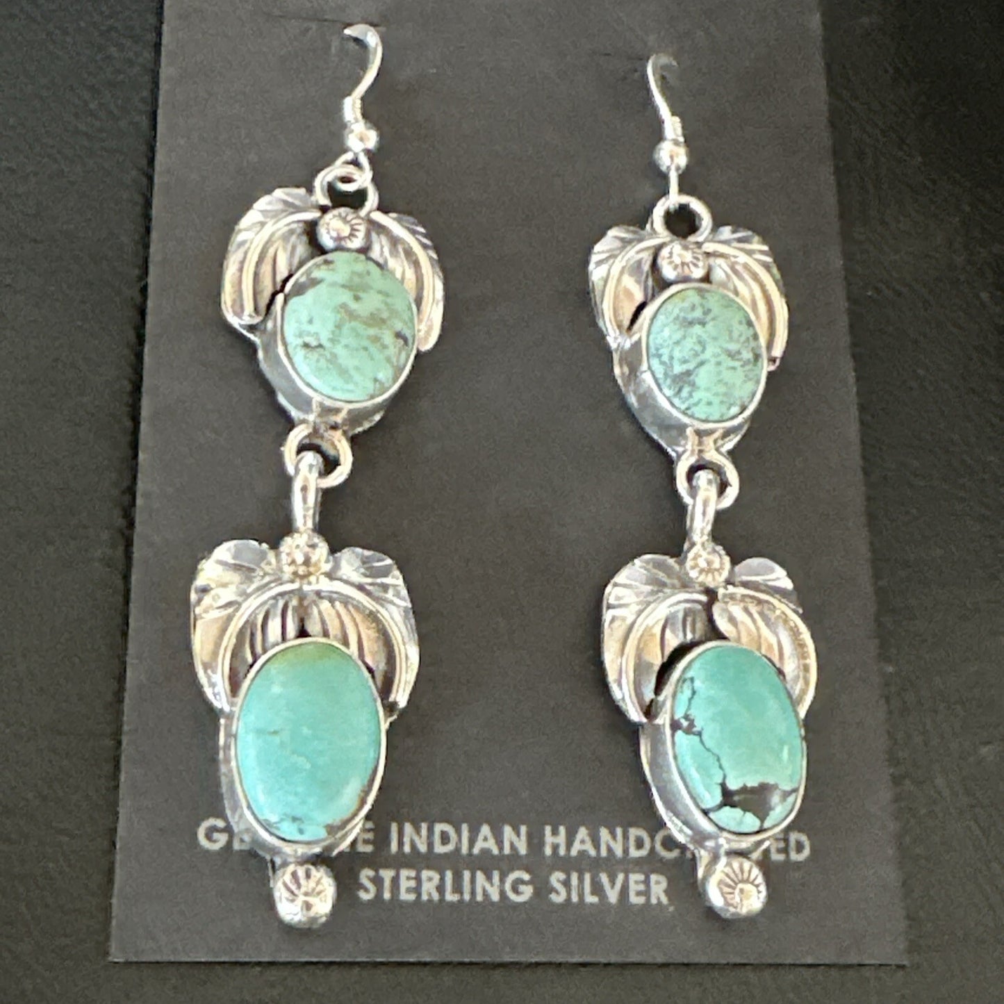 Native Navajo Green Turquoise Sterling Silver Dangle Earrings 2” 17914