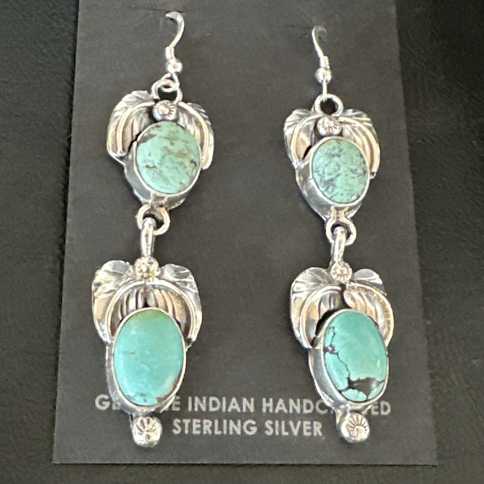 Native Navajo Green Turquoise Sterling Silver Dangle Earrings 2” 17914