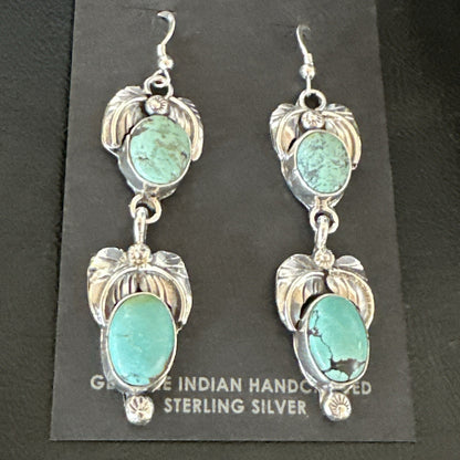 Native Navajo Green Turquoise Sterling Silver Dangle Earrings 2” 17914