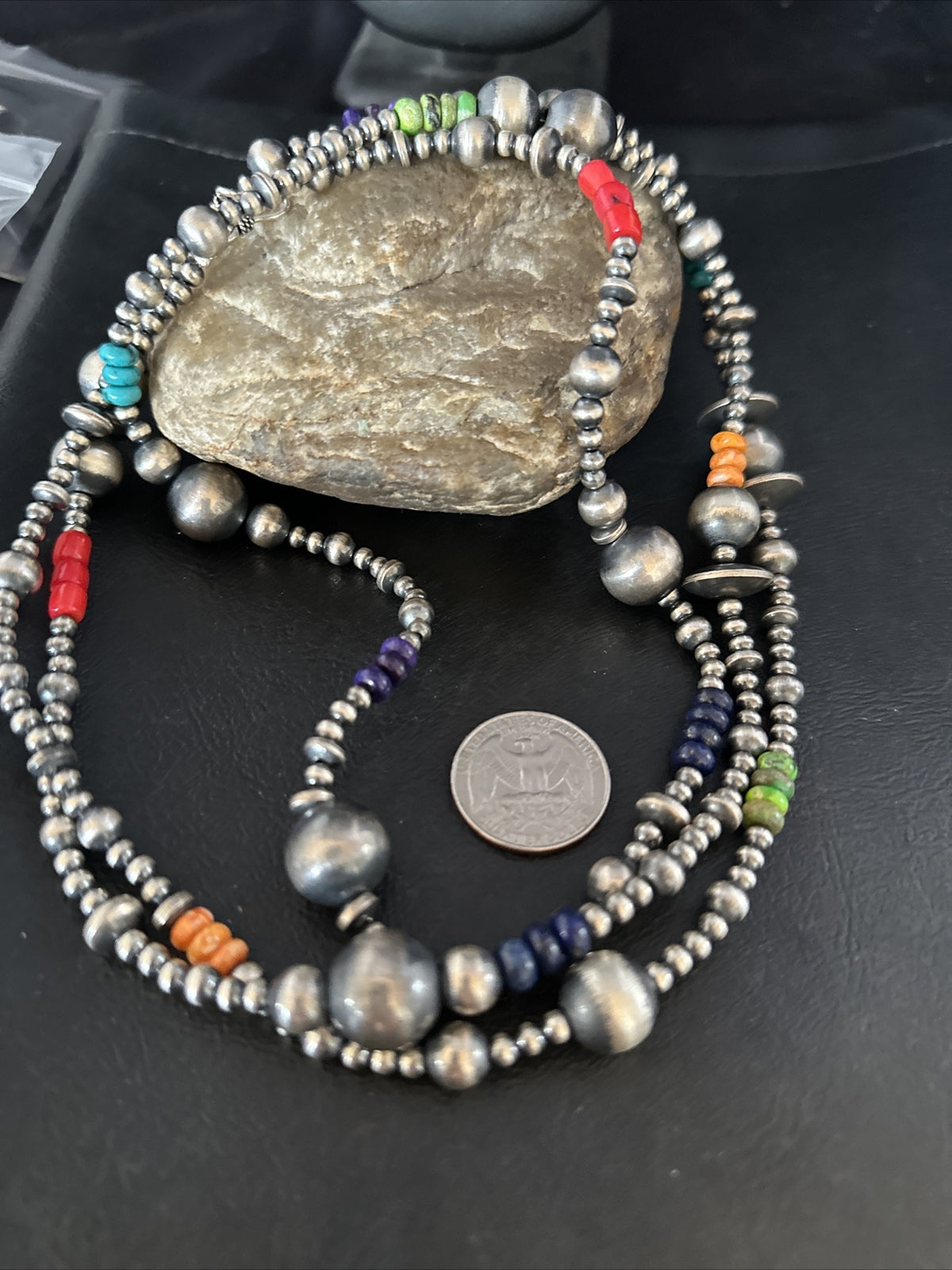 Turquoise Coral Spiny Oyster Navajo Pearls Sterling Silver Bead Necklace 51" -N