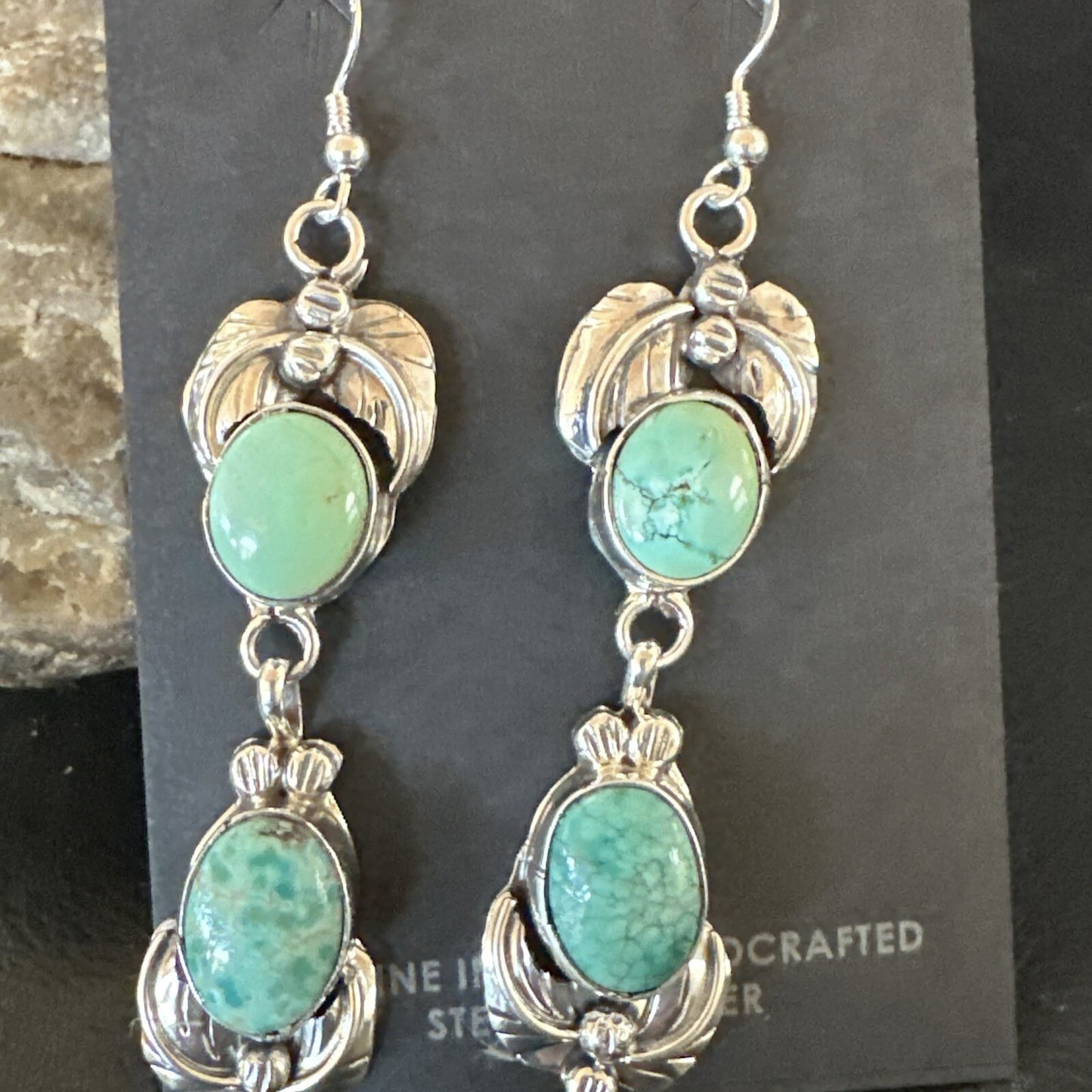 Native Navajo Green Turquoise Sterling Silver Dangle Earrings 2” 17913