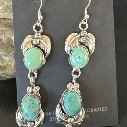 Native Navajo Green Turquoise Sterling Silver Dangle Earrings 2” 17913