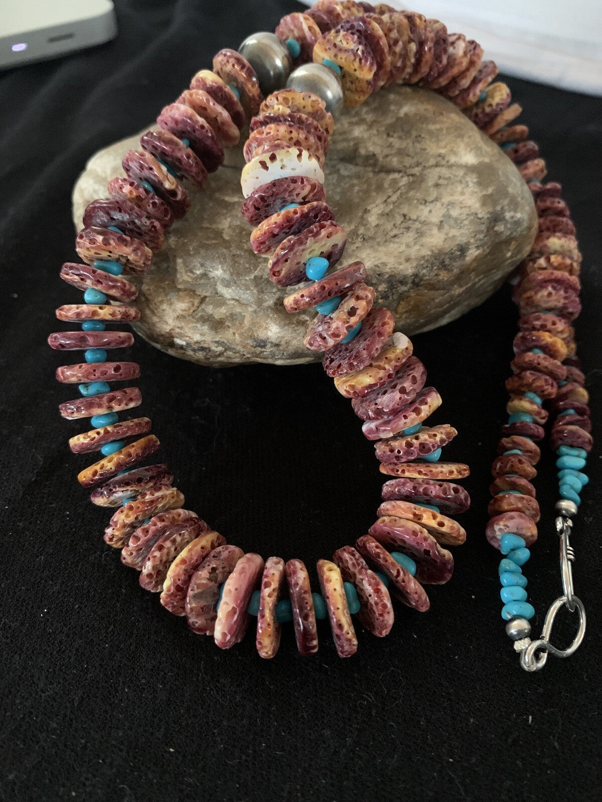 Purple Spiny Oyster & Turquoise Navajo Sterling Silver Necklace 00119
