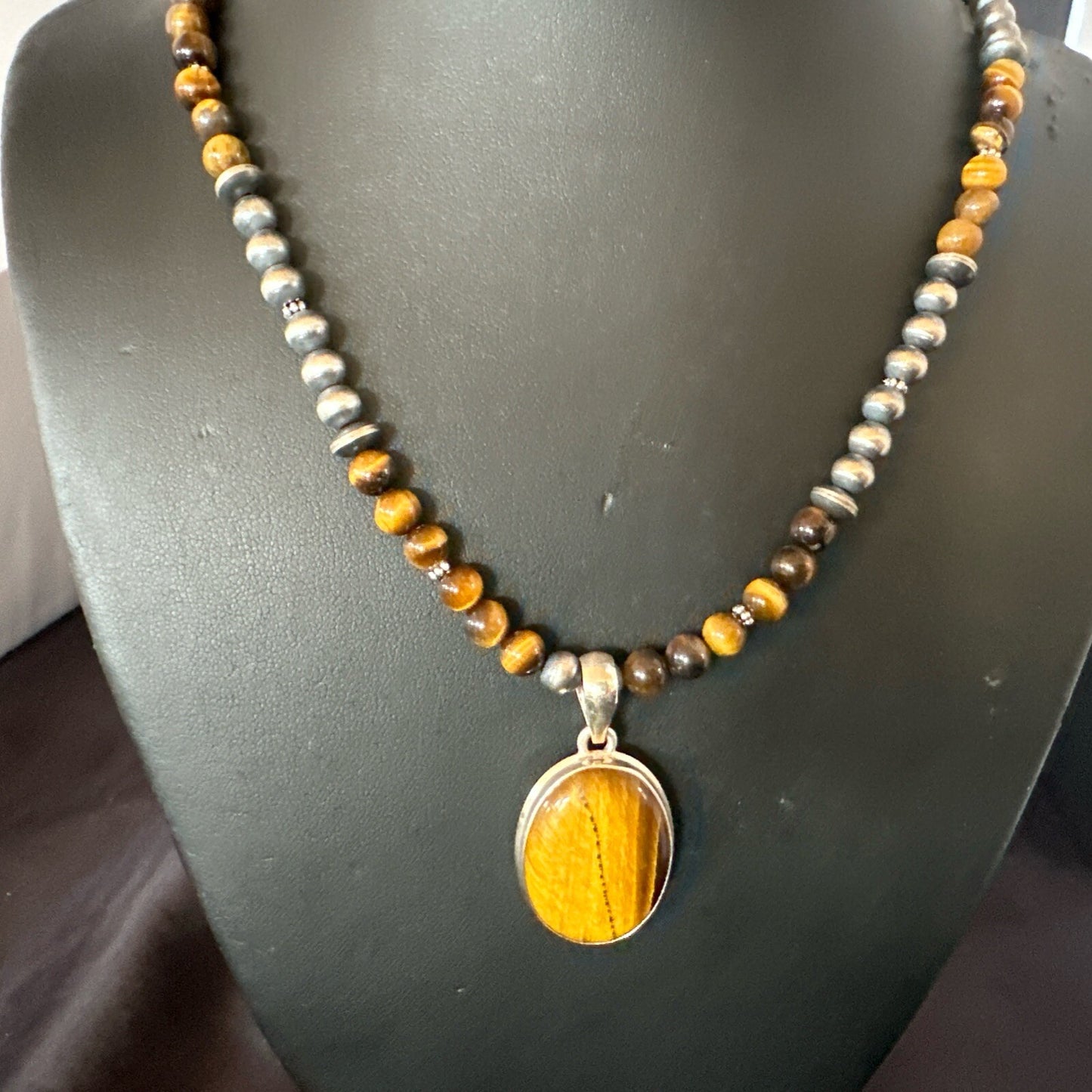 Coffee Brown Tigers Eye Sterling Silver Pendant Necklace Southwestern 18283
