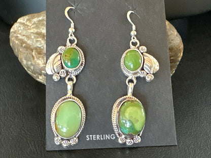 Native Navajo Green Turquoise Sterling Silver Dangle Earrings 2” 17697
