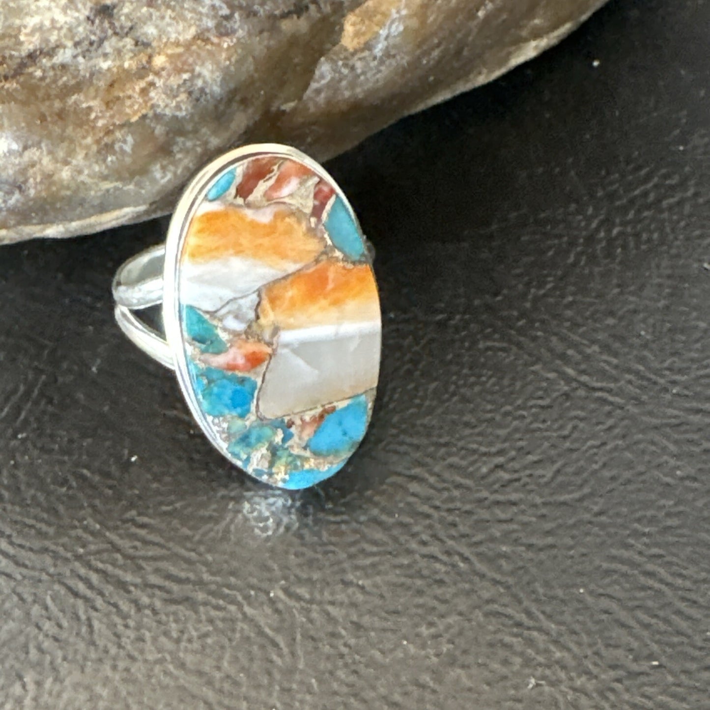 Blue Turquoise Spiny Oyster Southwestern Sterling Silver Ring Size 8 18547