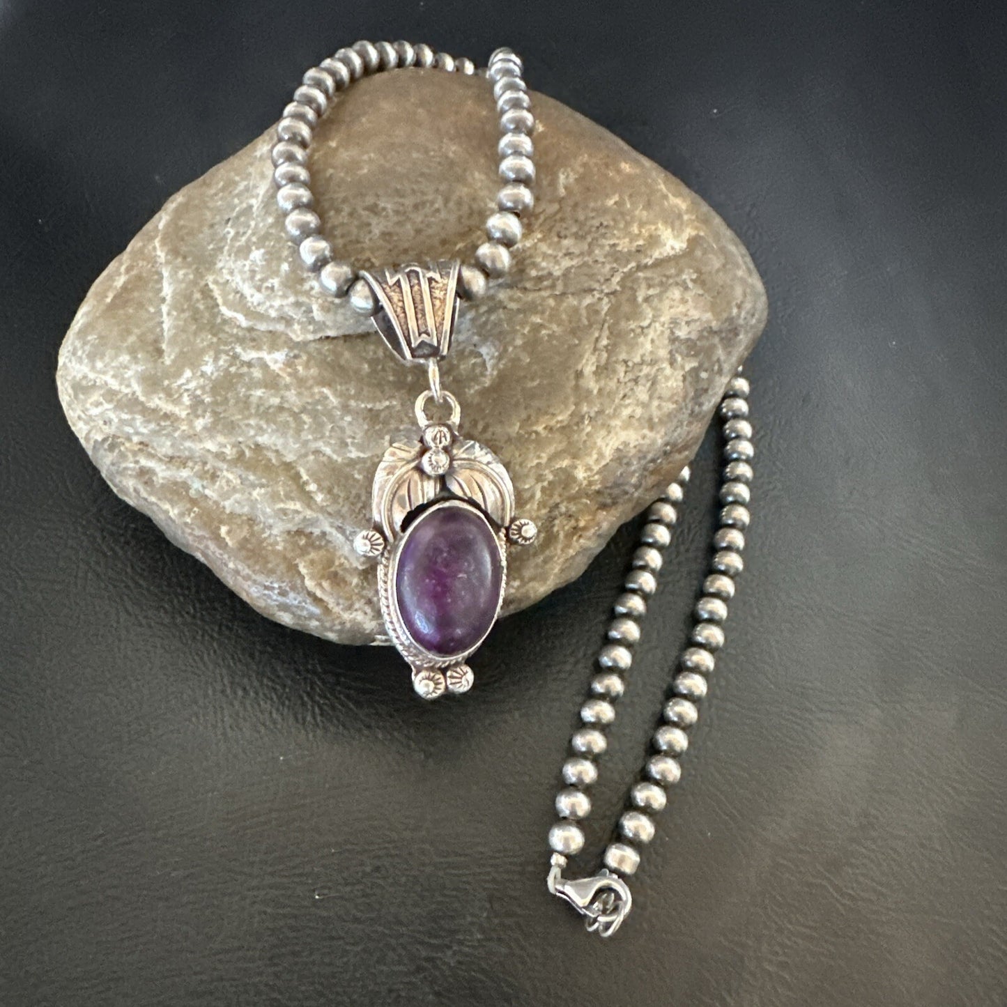 Purple Stone Pendant Navajo Pearls Sterling Silver Necklace 20” 18180