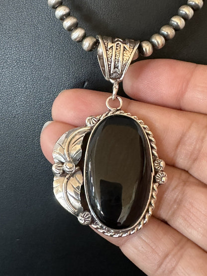 Mens Womens Black Onyx Pendant Navajo Sterling Silver Beads Necklace 18314