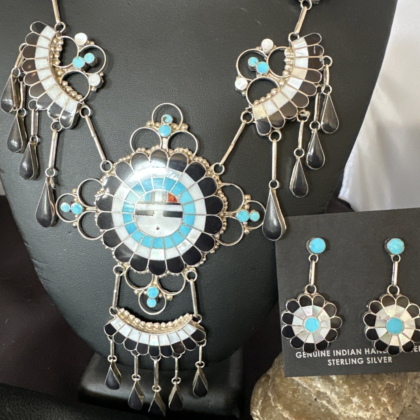 Old Pawn Sunface Turquoise Zuni Sterling Silver Necklace Earrings 19086