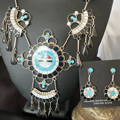 Old Pawn Sunface Turquoise Zuni Sterling Silver Necklace Earrings 19086