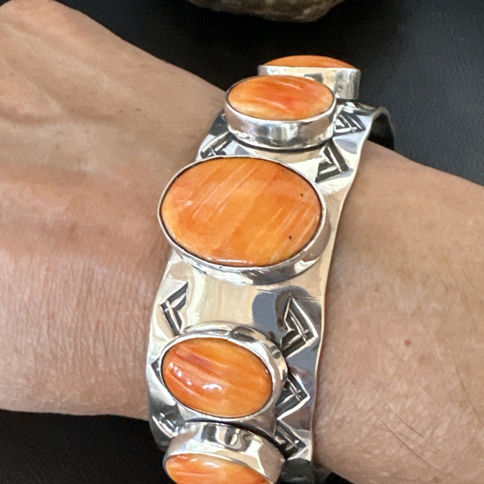 Orange Spiny Oyster 5 Stone Row Sterling Silver Navajo Cuff Bracelet 7.7" 19475