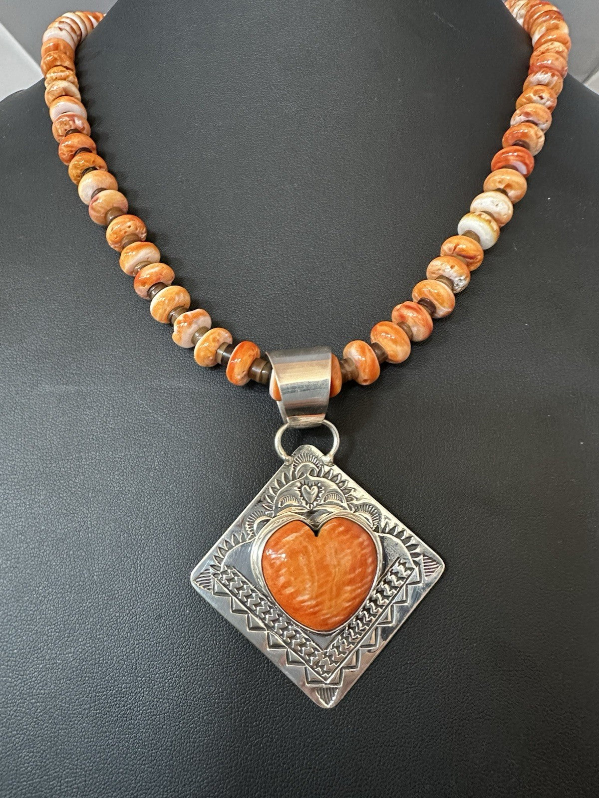 H Joe Orange Spiny Oyster Heart Pendant Navajo Sterling Silver Necklace 19480