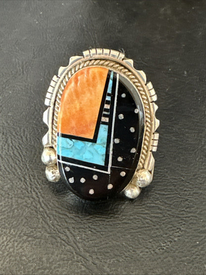 Onyx Turquoise Spiny Navajo Cosmic Inlay Sterling Silver Ring Size 9 19788