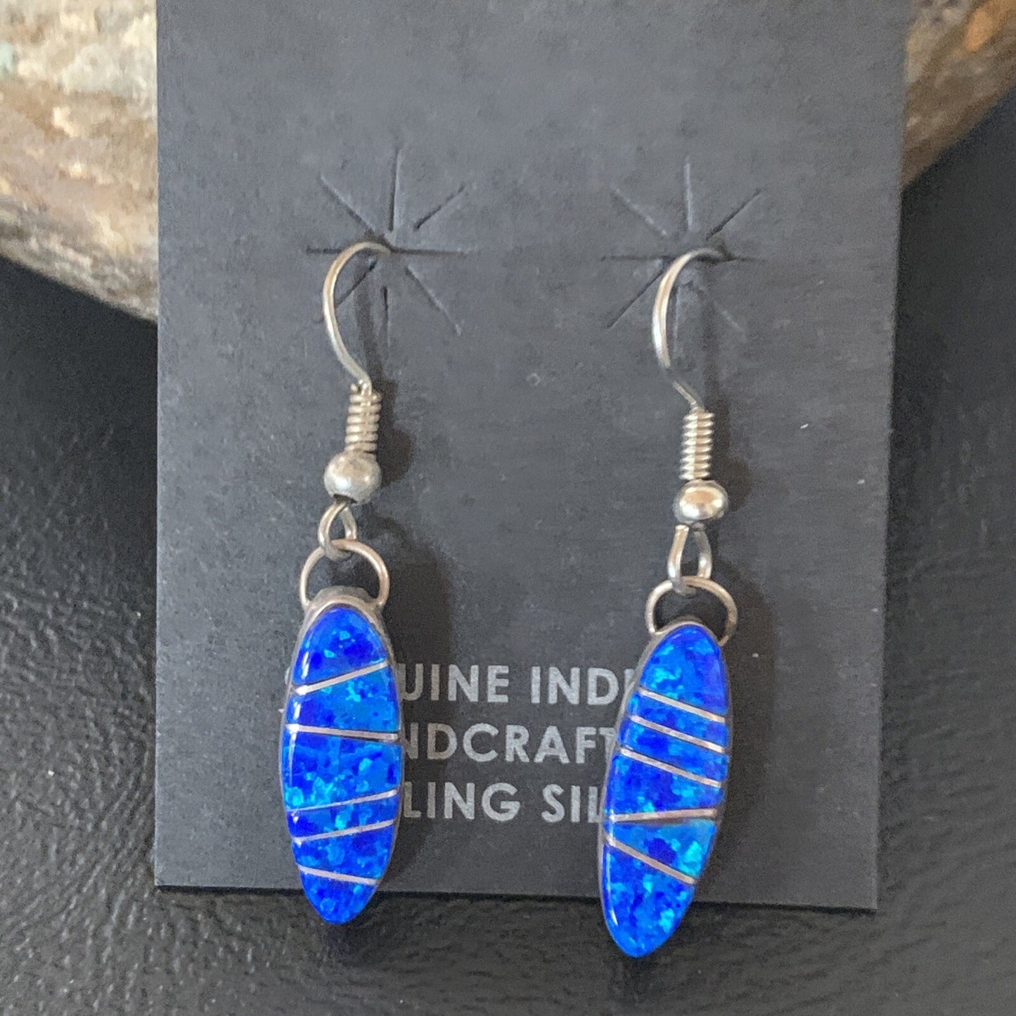 Womens Blue Opal Inlay Navajo Sterling Silver Dangle Earrings 12838