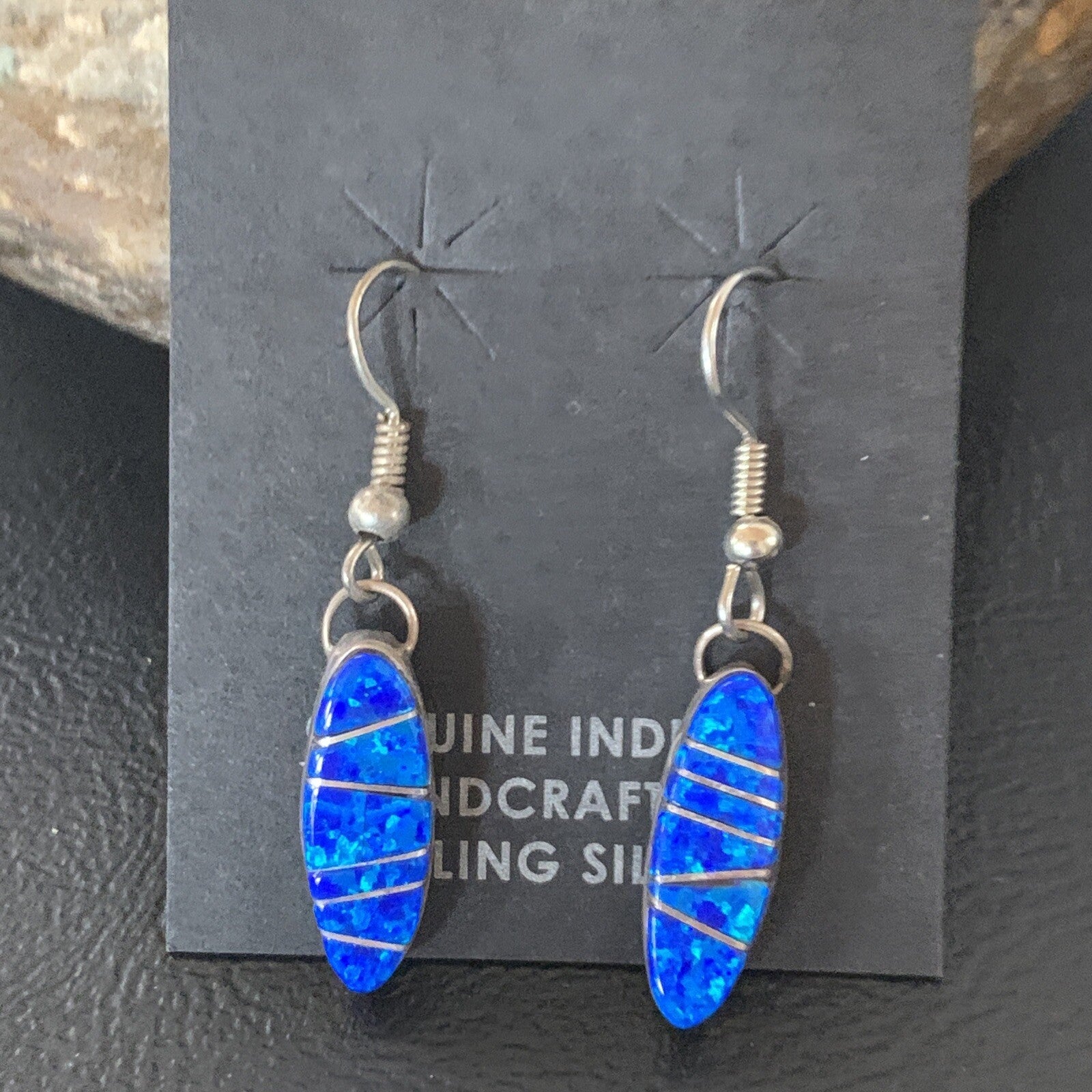 Womens Blue Opal Inlay Navajo Sterling Silver Dangle Earrings 12838