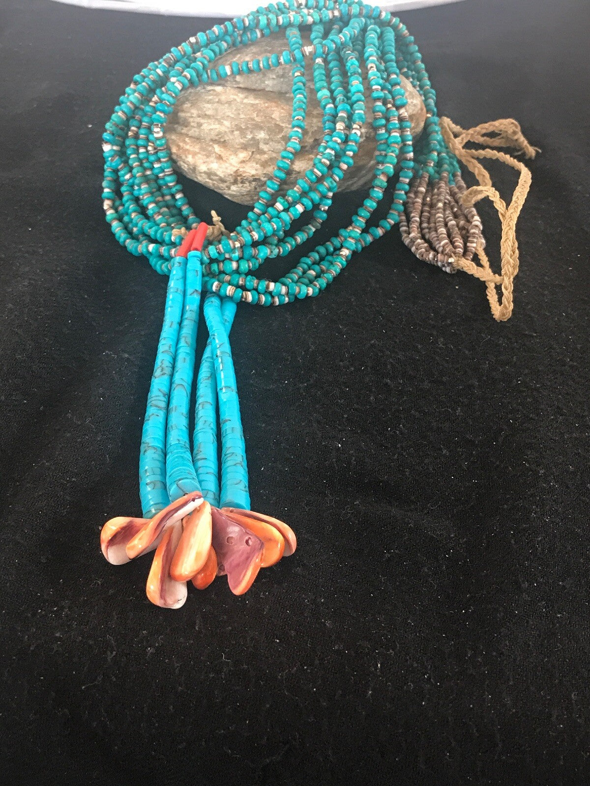 Mens Turquoise Bead 9 Strands Navajo Pearls Sterling Silver Necklace 08451
